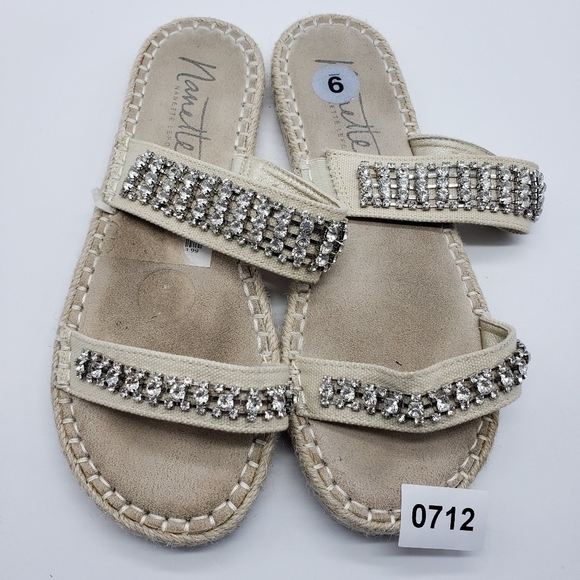 Nanette Lepore women US 9 off white sandals rhinestones fabric upper espadrille - Picture 11 of 11